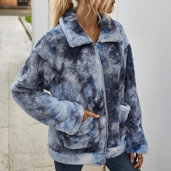 Soft Tie Dye Sherpa Fleece Jacket w/ Pockets Dark - Picture 5 of 7